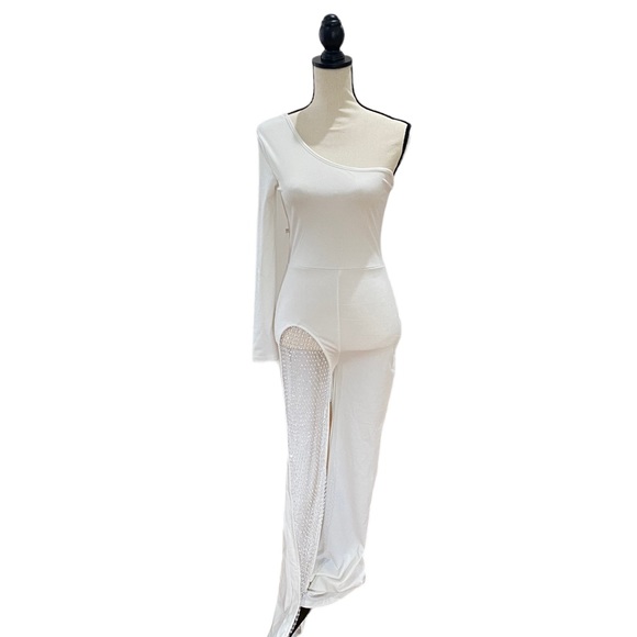 Rhinestone Net Cut Out One Sleeve Jumpsuit - Picture 1 of 2